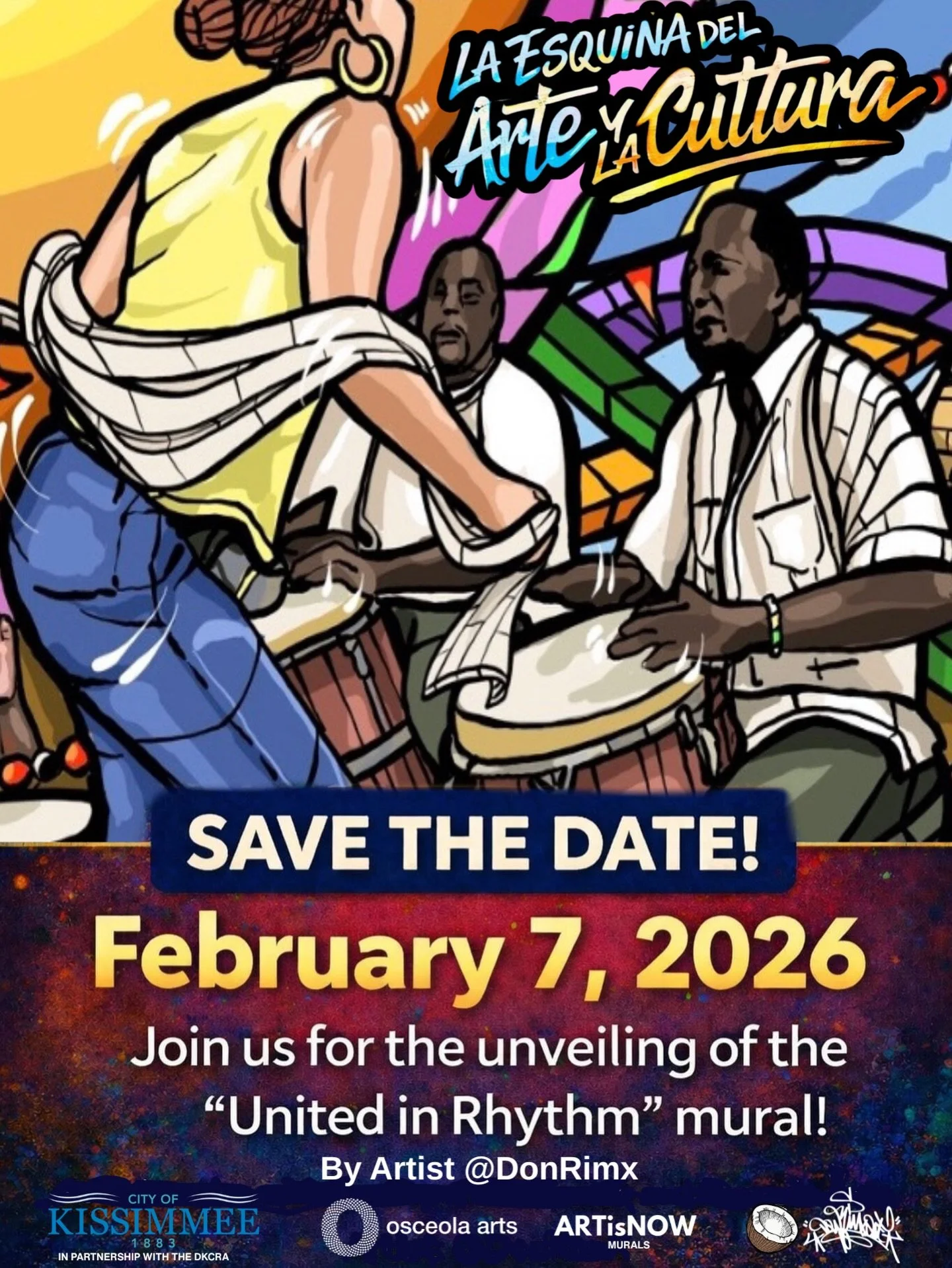 Me llena de alegria poder invitarlos a la inaguracion de mi mas reciente mural en Kissimme con el apoyo de @osceolaarts y la comunidad ! Me emociona poder crear una obra maestra que estimule la conversacion cultural y que siga uniendo creativos y que