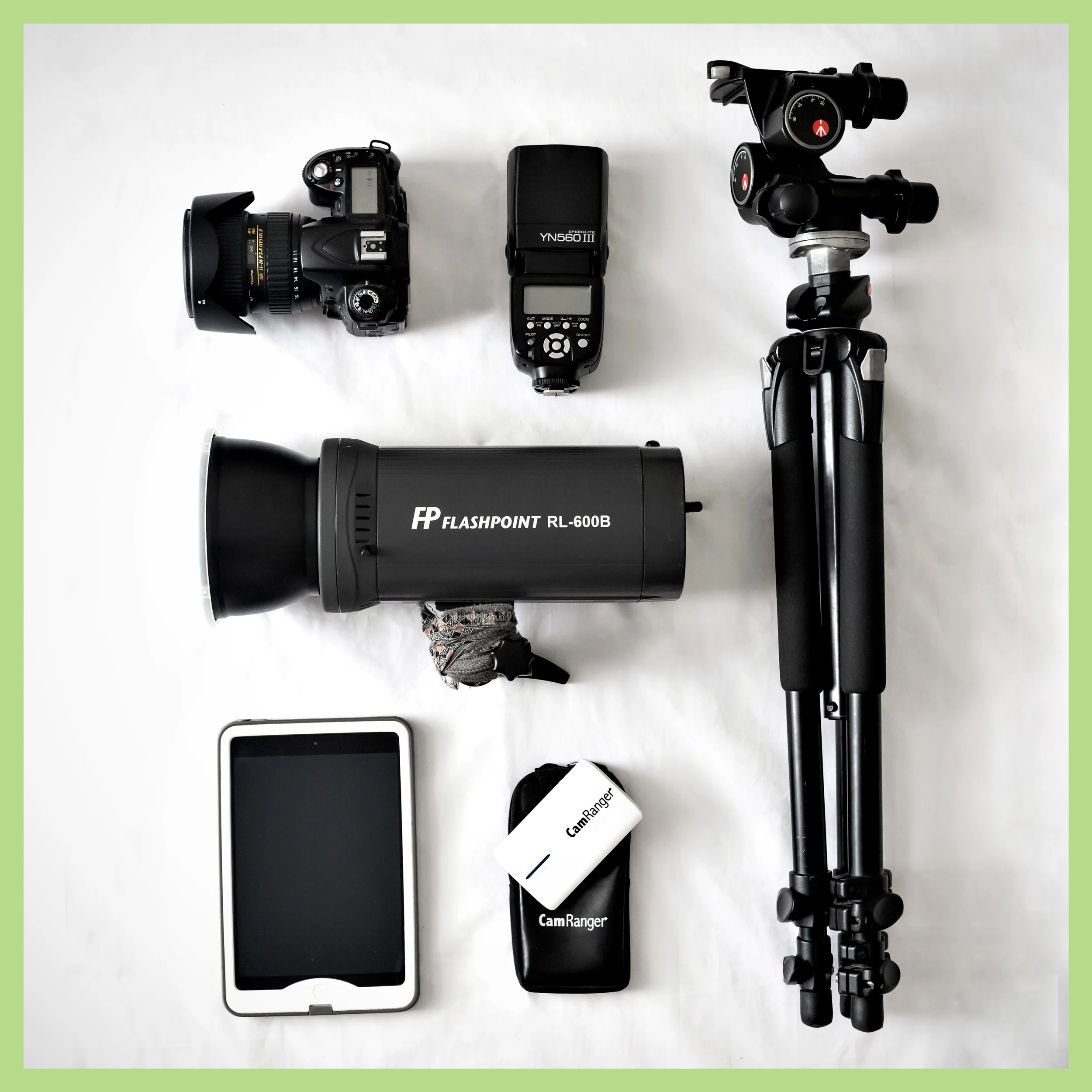 The gear I use in the course, and bring to every one of my shoots. Owning the large 600ws Rovelight is not necessary to follow the course; I use a basic speedlight in most of the videos.