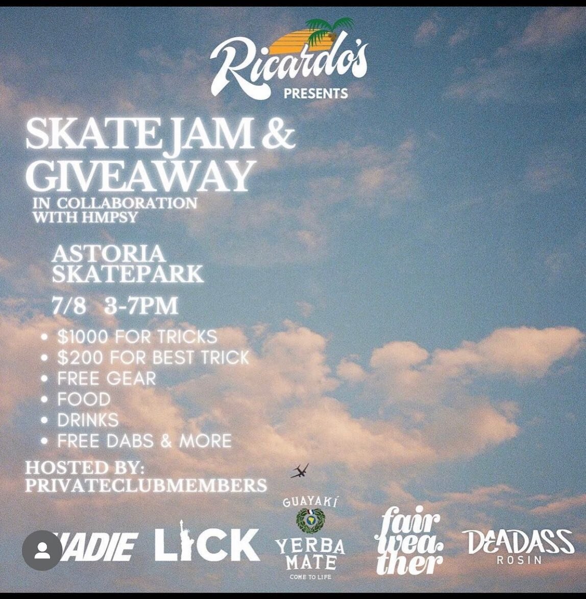 @ricardoscuisine and @em.charge doing a great job putting together this #astoriapark event 7/8 3-7pm.  Food, cash, prizes, sounds and good vibes 😎 @fairweatherskateboards @chadieonline @licknyc @deadass420nyc @guayaki