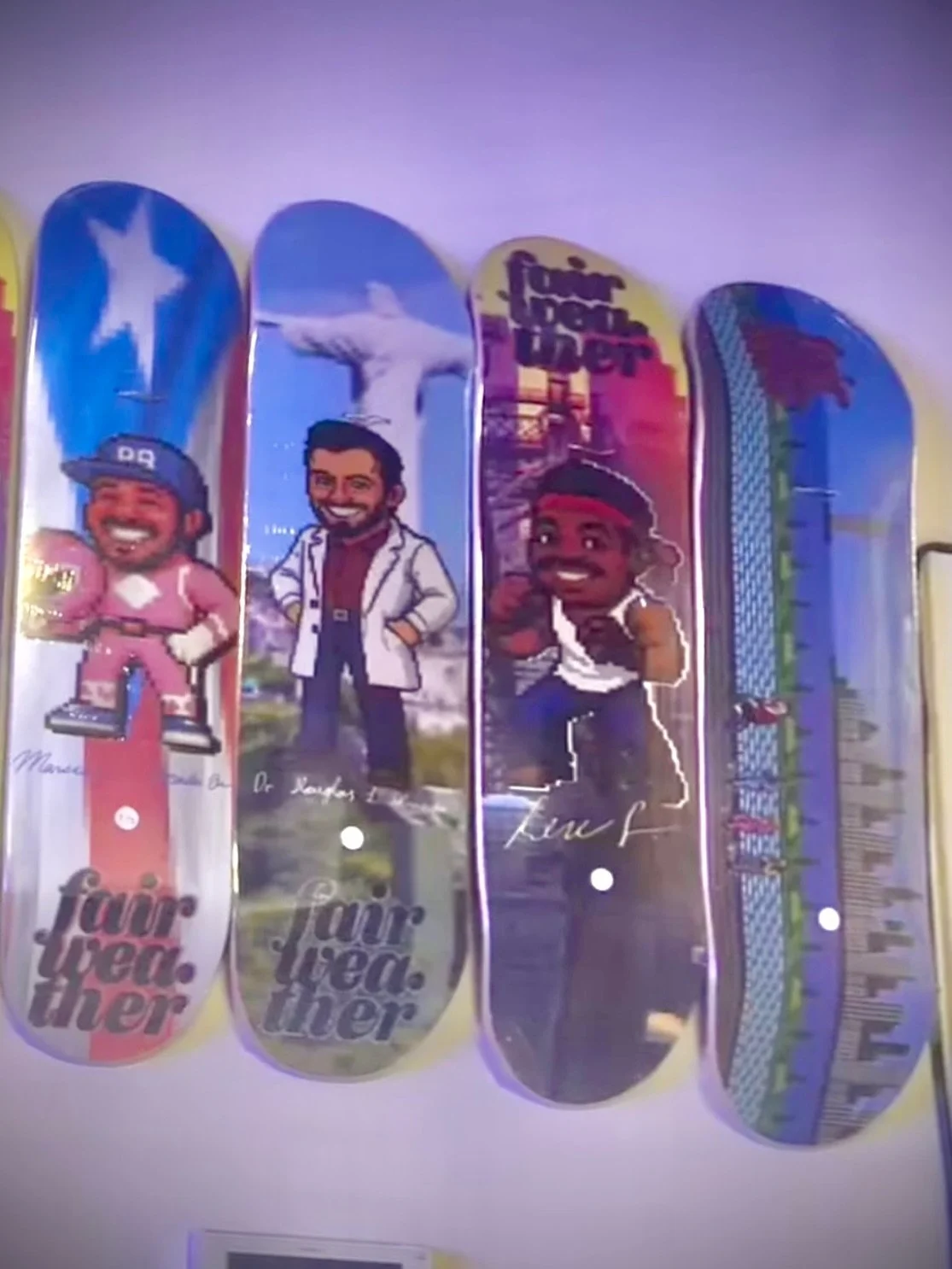 Current #fairweatherskateboards offering of @pink__ranger @hesh_dumpling and @douglasalmeidask8 as will as the Punchout 🥊 graphic featuring the whole crew!