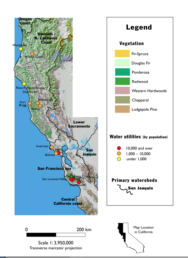 The map above shows the distribution of 45 public water utilities in coastal California, Oregon and Washington that own forest land in their source watersheds. This study analyzes the forest policies and practices of these public water utilities.