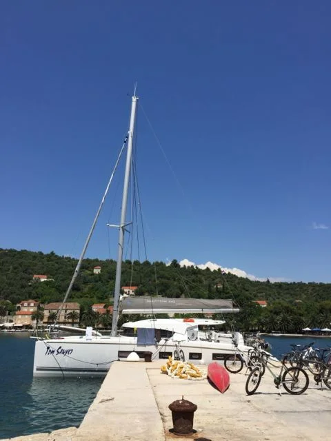 The Tom Sawyer, moored at Sipan Island, Croatia with bikes ready to go.