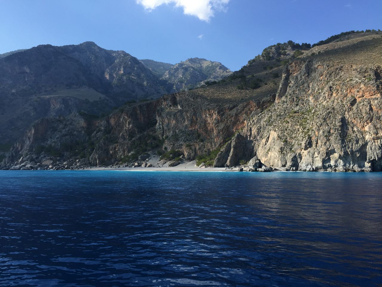 View of the deserted beaches along the south coast of Create on the Libyan Sea. I took this shot from the ferry at the end of my hike of the Samaria Gorge. Our bus was waiting for us at the end of the ferry ride.