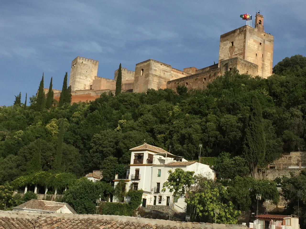 Daytime view from my hotel window of the Alhambra, in Granada, Spain