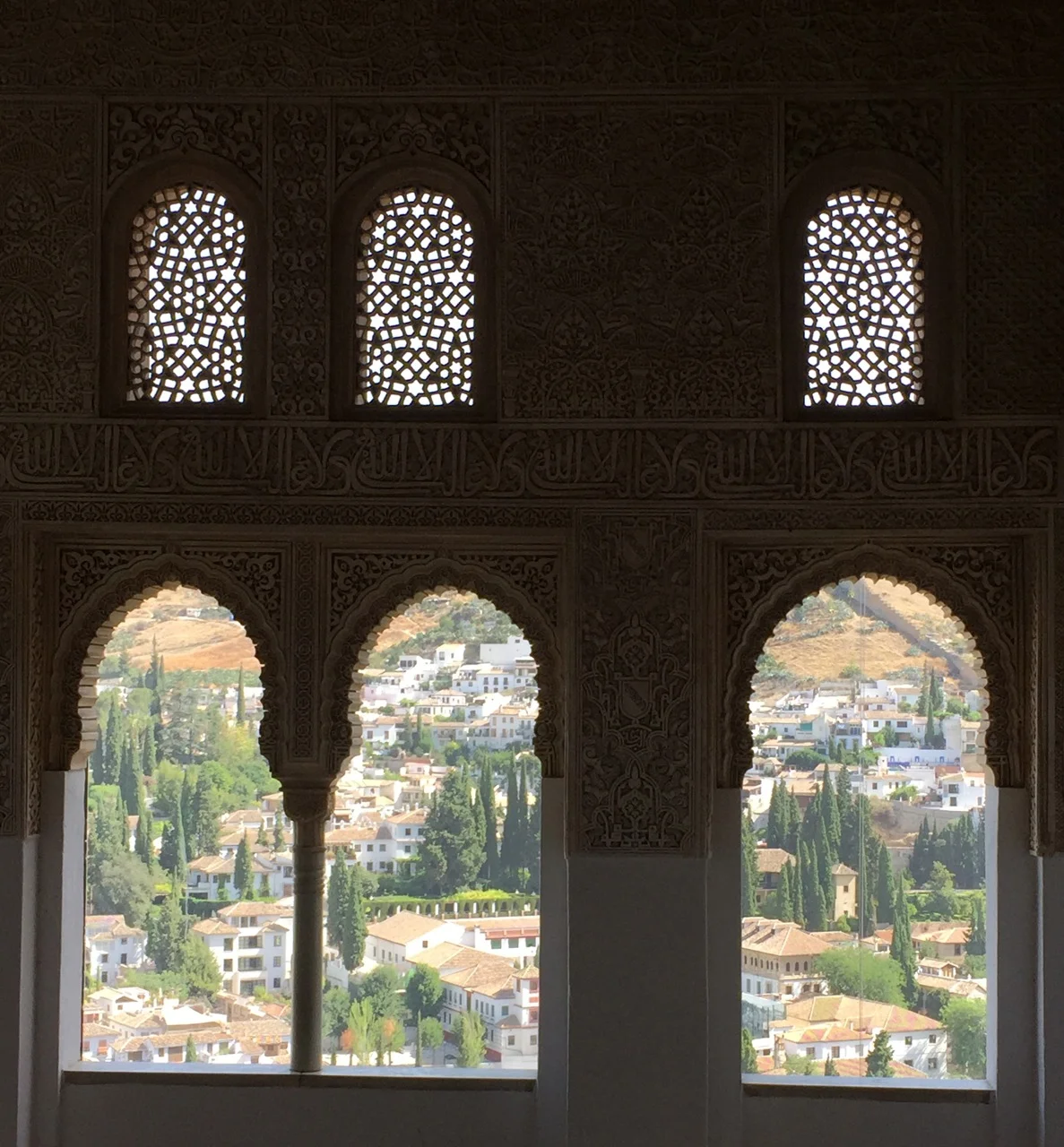 Inside the Alhambra palace looking out at the Albaicin in Granada.