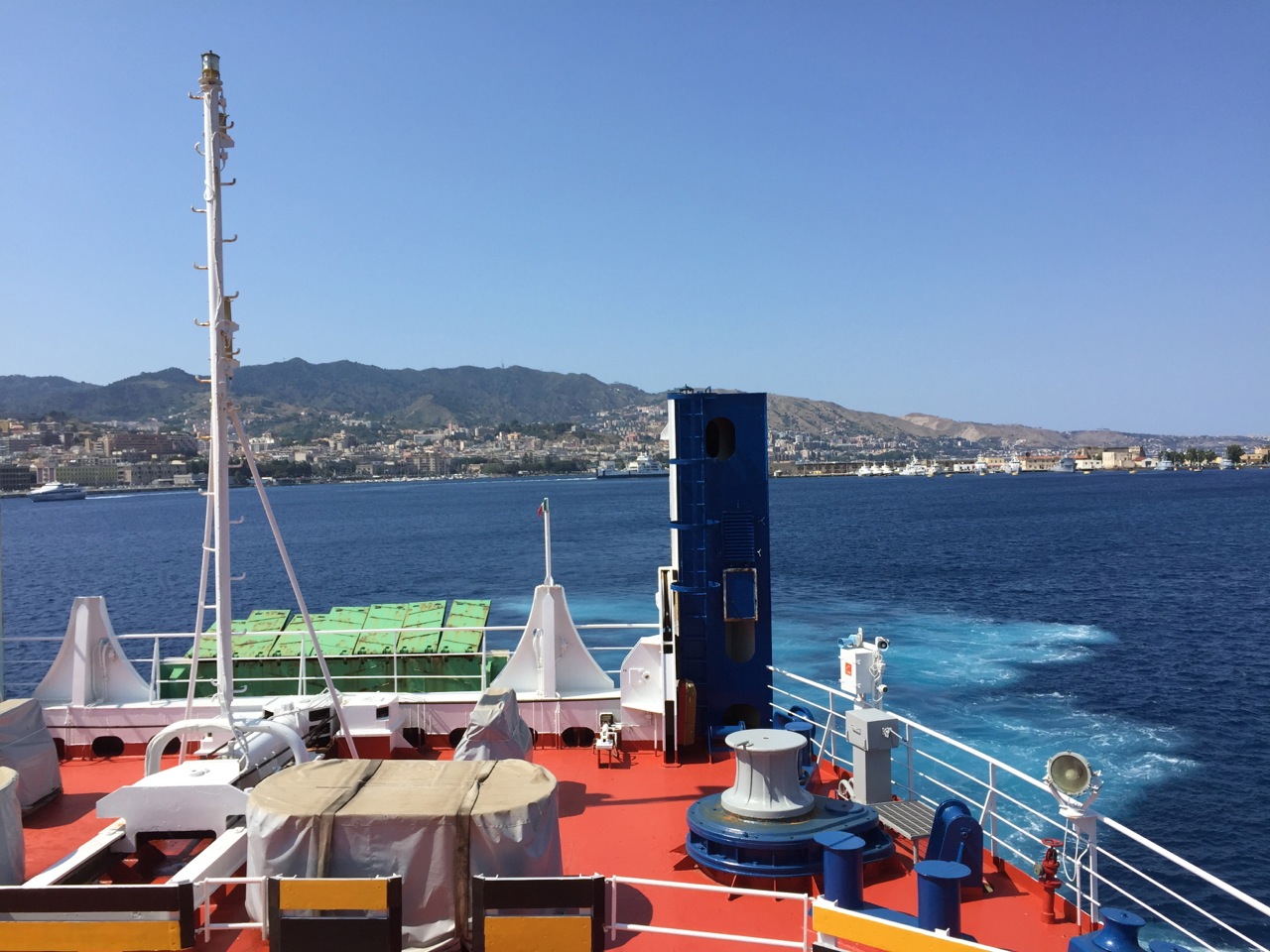 The train loaded both its passengers and passenger cars onto the ferry crossing the channel from the toe of Italy to Messina, Sicily. We were thankful for the fresh air on deck!