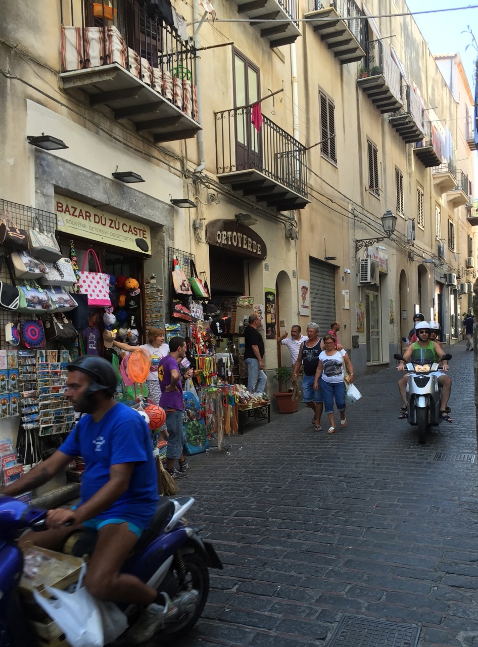 The streets of the old city in Cefalu, Sicily are closed to vehicular traffic, except for taxis and vehicles of residents.