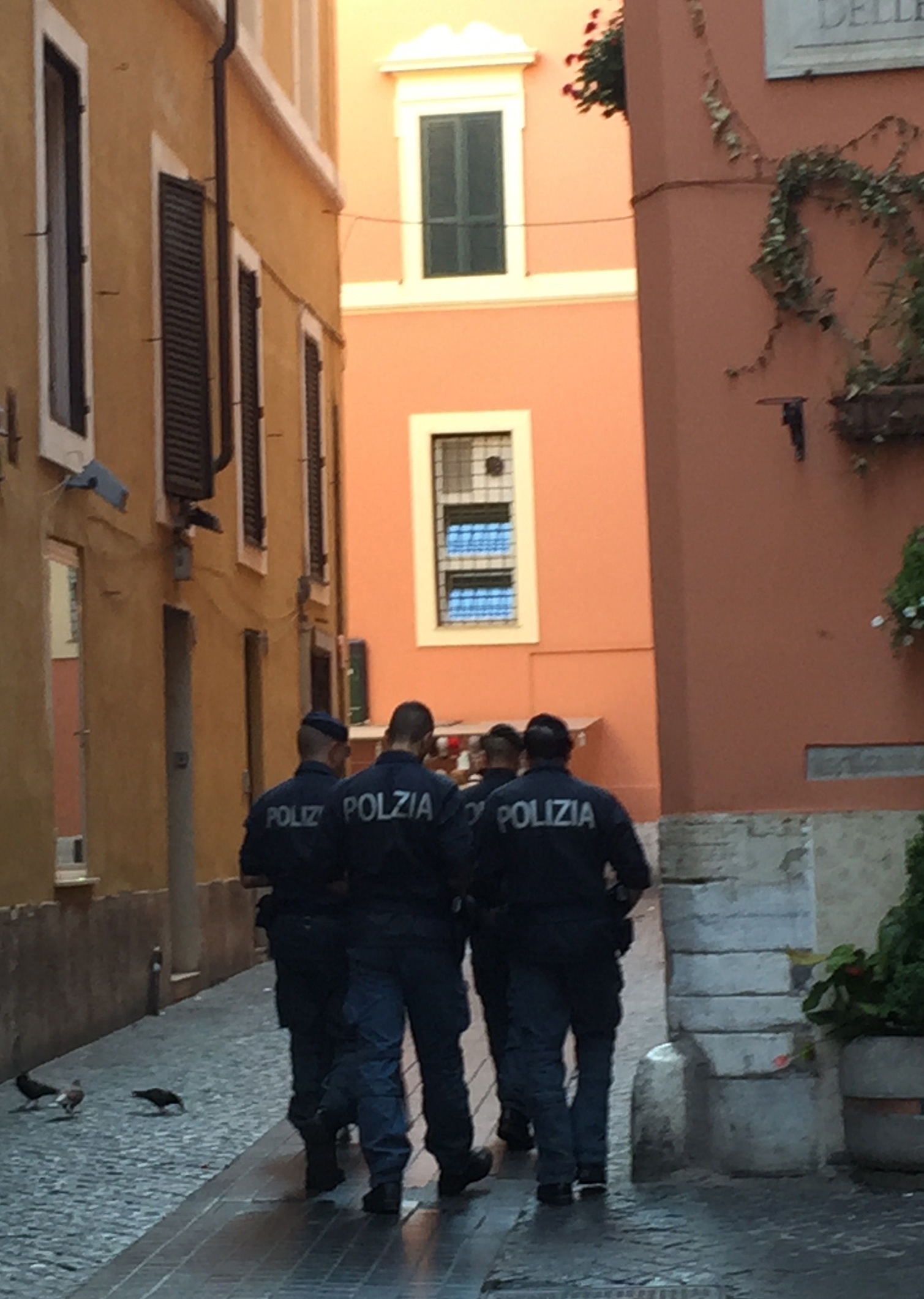 In Rome, the Polizia were actively patrolling tourist areas, such as this path to the Pantheon.