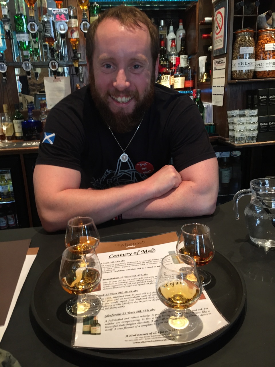 Above is the bartender--at the Aldanach pub in Edinburgh--who poured me a sampling of four 25-year-old single malt whiskeys.