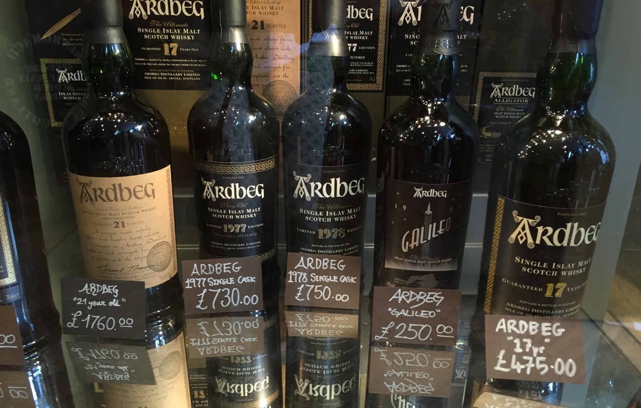 I took this photo in a liquor store in Edinburgh to show pricing for older bottles of single malt, in this case Ardbeg.