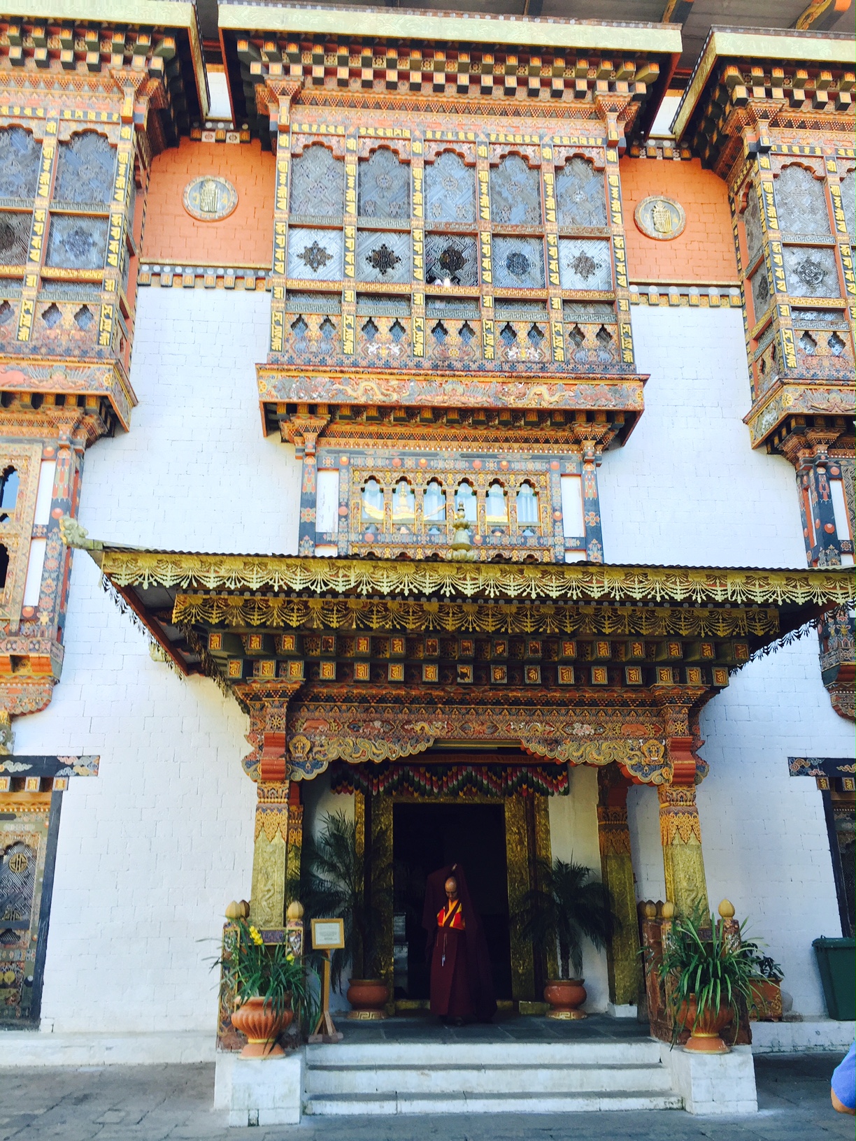 Everywhere in Bhutan, buildings of all types are handpainted with beautiful Buddhist designs. This is a monastery in the Dhzong in Thimphu.