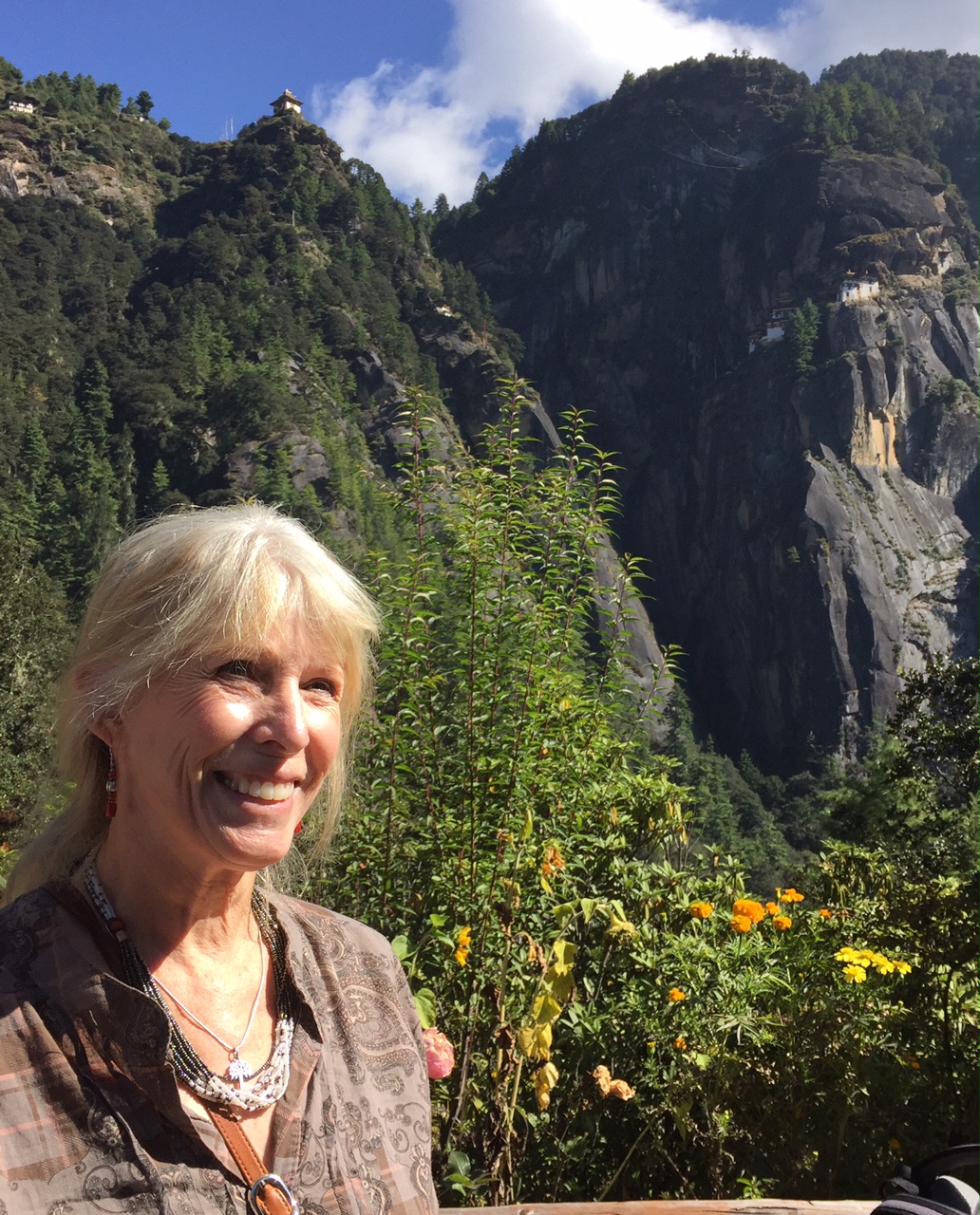 I am here at the tea house, about halfway up the hike to the Tiger's Nest monastery, which you can see at the upper right corner of the photo.