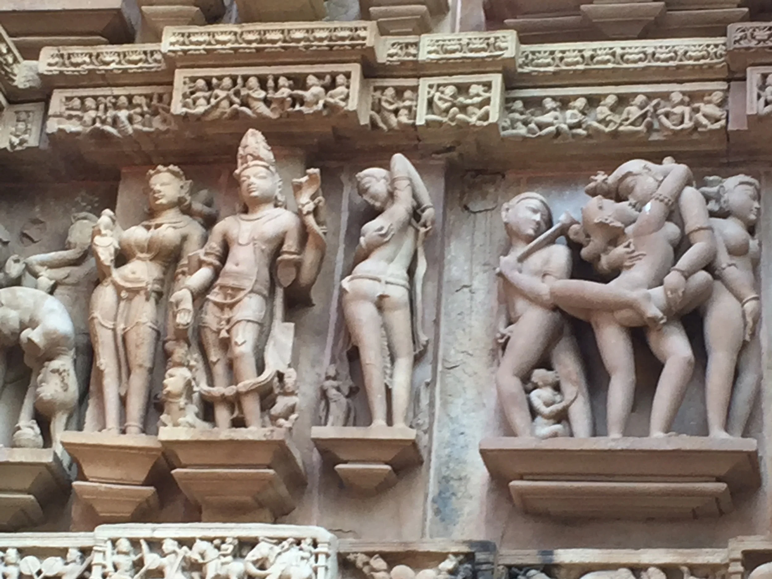 Relief carvings, including erotic art, on the walls of the Khajuraho Group of Temples in north central India.