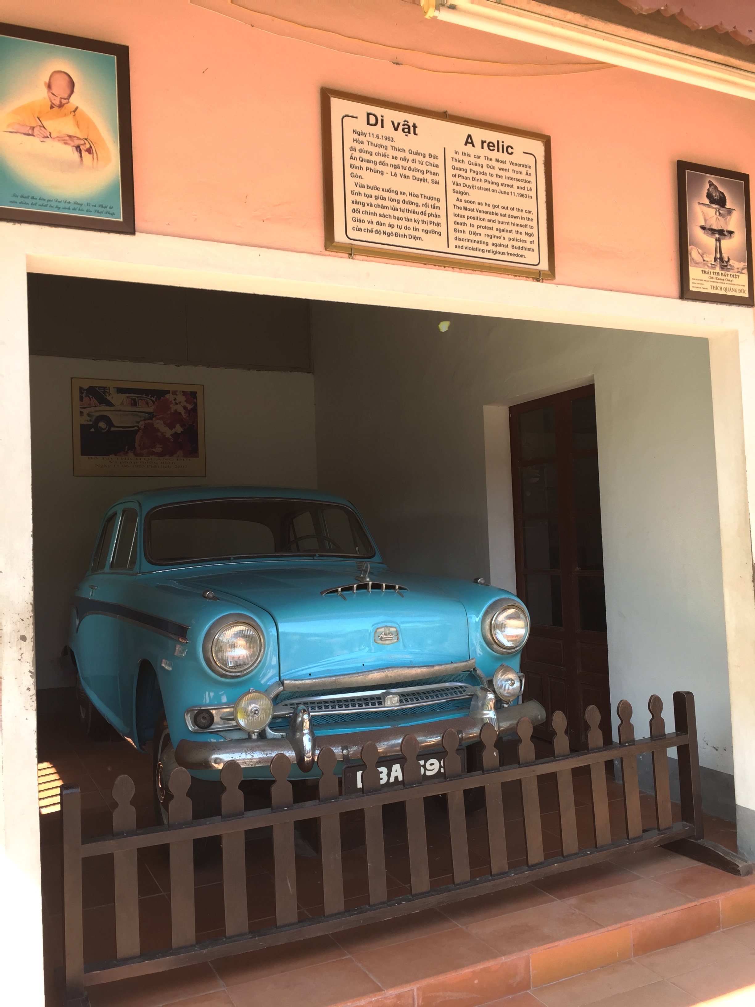 The car that the Buddhist monk Thich Quang Duc drove to a major intersection in Saigon on June 11, 1963 and burned himself to death in front of crowds of people, in protest of Vietnamese policies of discrimination against Buddhists. Several films of this iconic social statement are posted on YouTube.