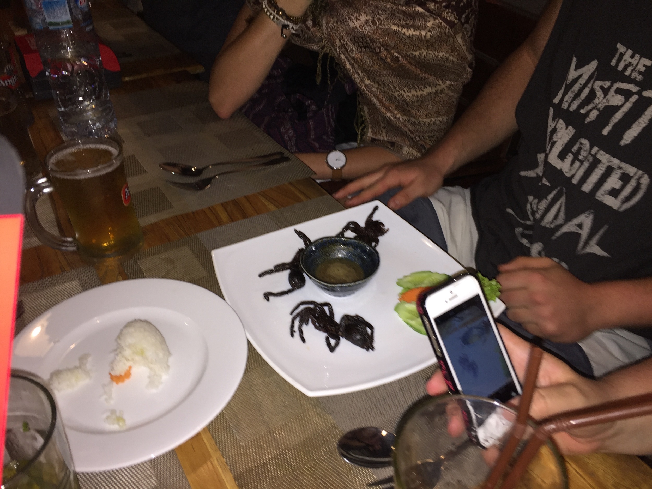 Fried tarantulas were offered at a local restaurant outside of Phomn Pehn. Some of our tour group chowed down, but not me!
