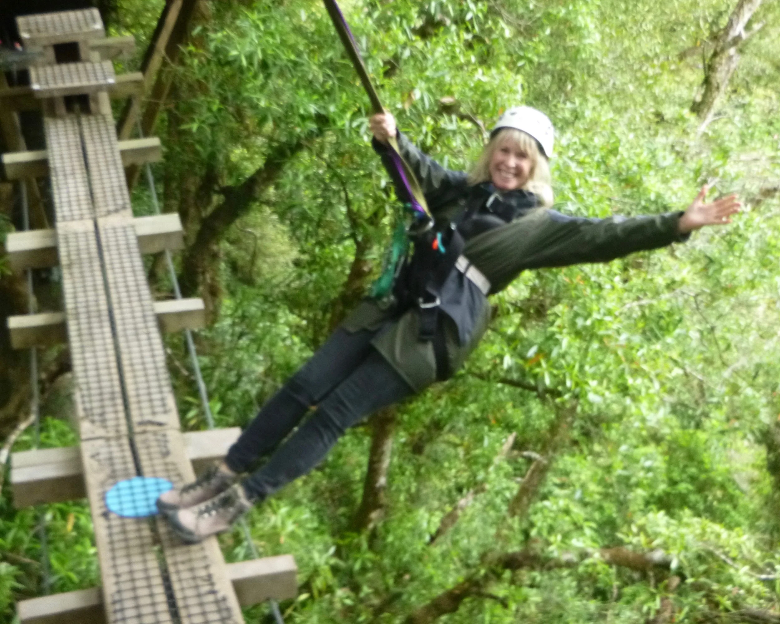 Me perched on the edge of a swinging bridge in the Dansey forest canopy. (Photo 2016, courtesy of Rotorua Canopy Tours)