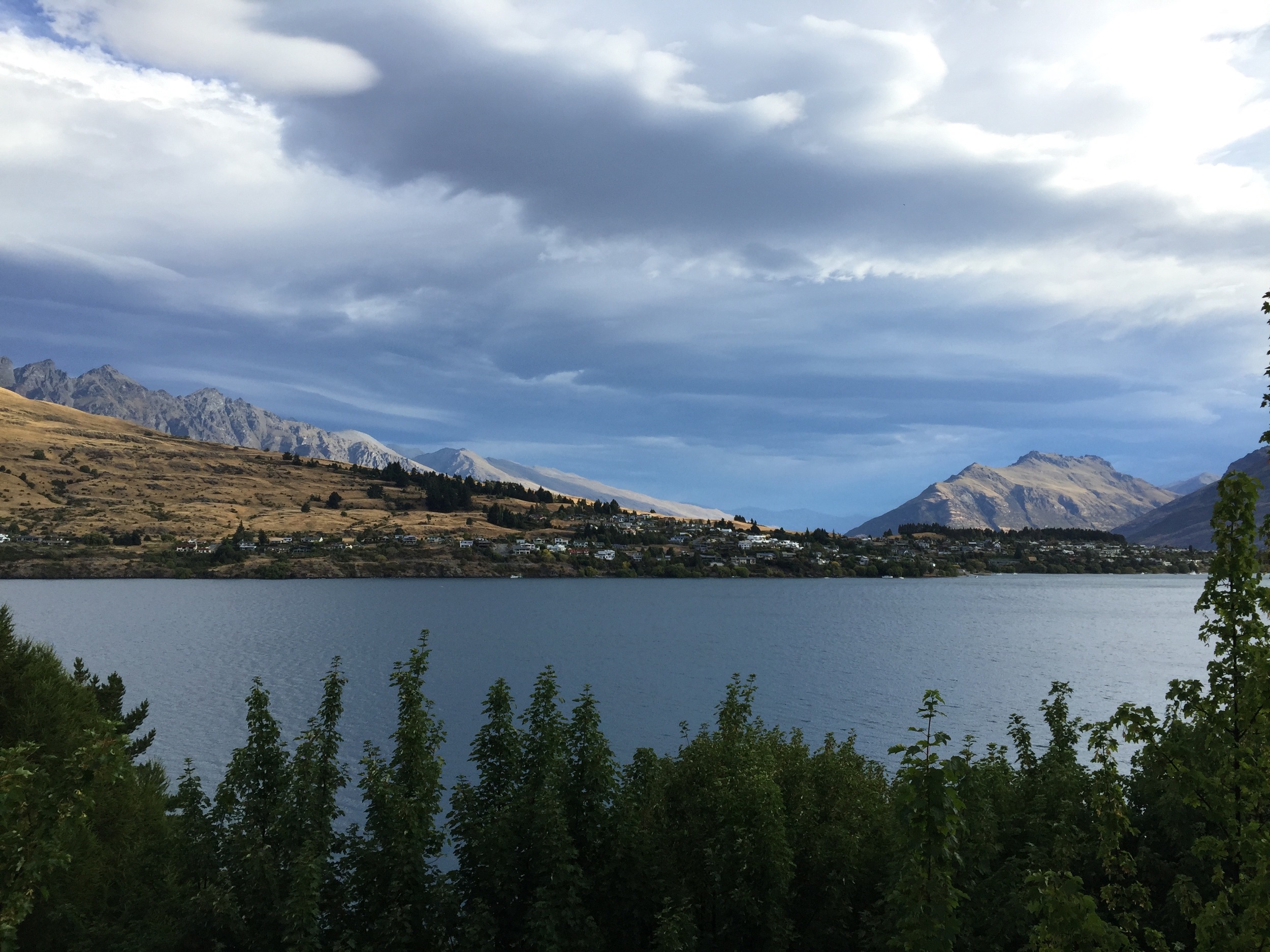 Looking across Lake Wakatipu to Queenstown from Frankton Rd., where the Sherwood Hotel is located.