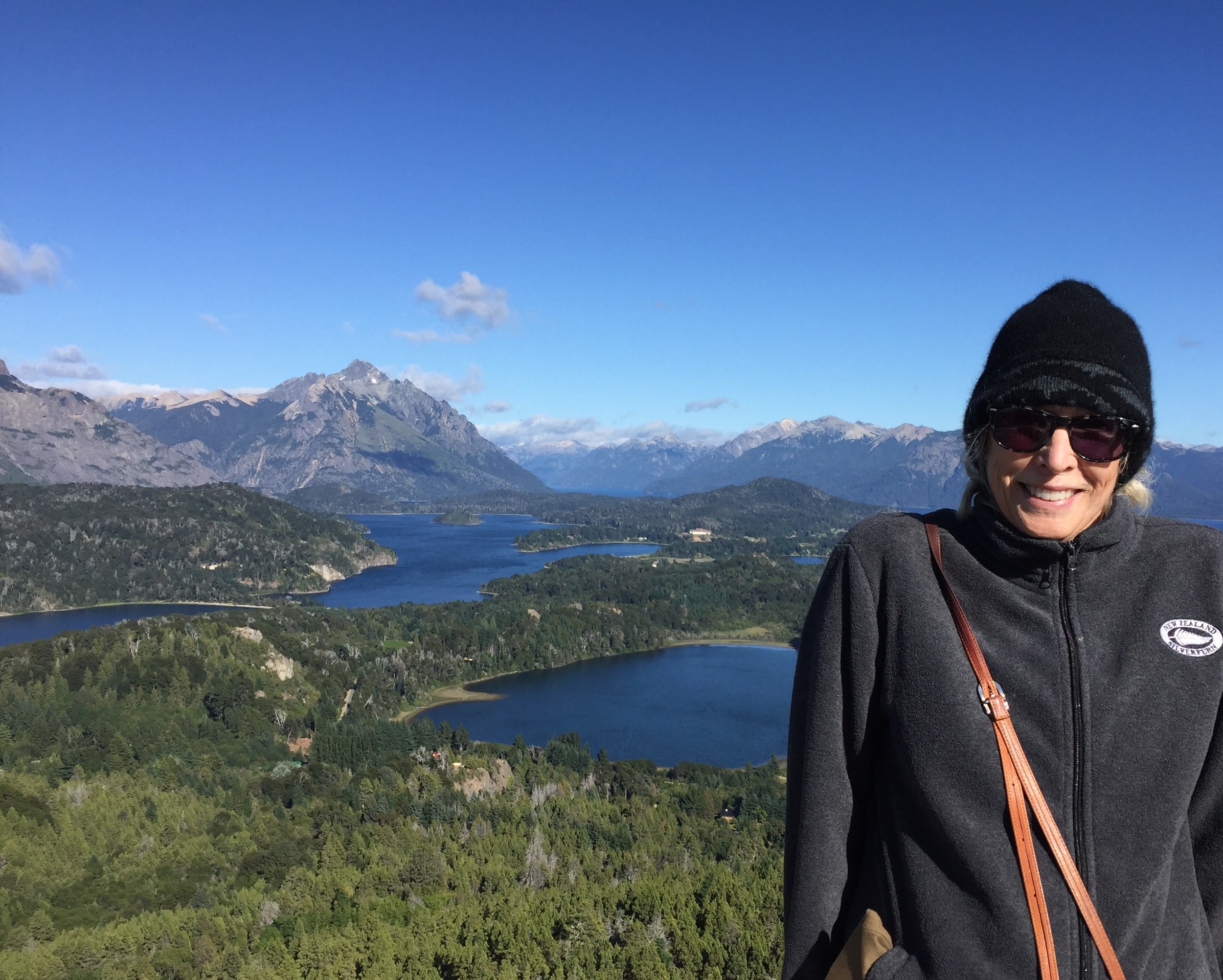 At the top of Cerro Campanario, with views of Patagonia's Lake District. There's a cafe at the top where you can enjoy a ChoCognac, which warms you up in this cool climate.
