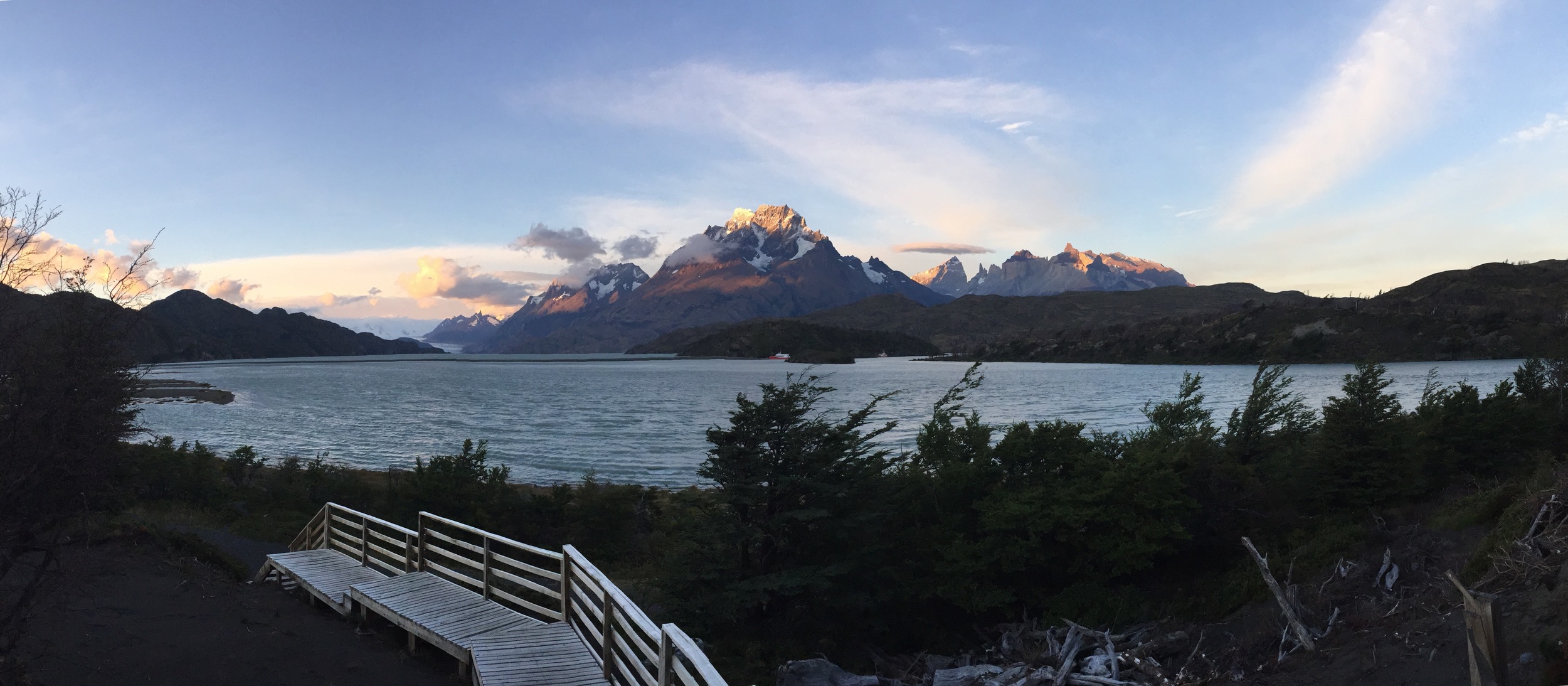 View of the peaks at sunset from the hotel in Torres de Paine National Park.