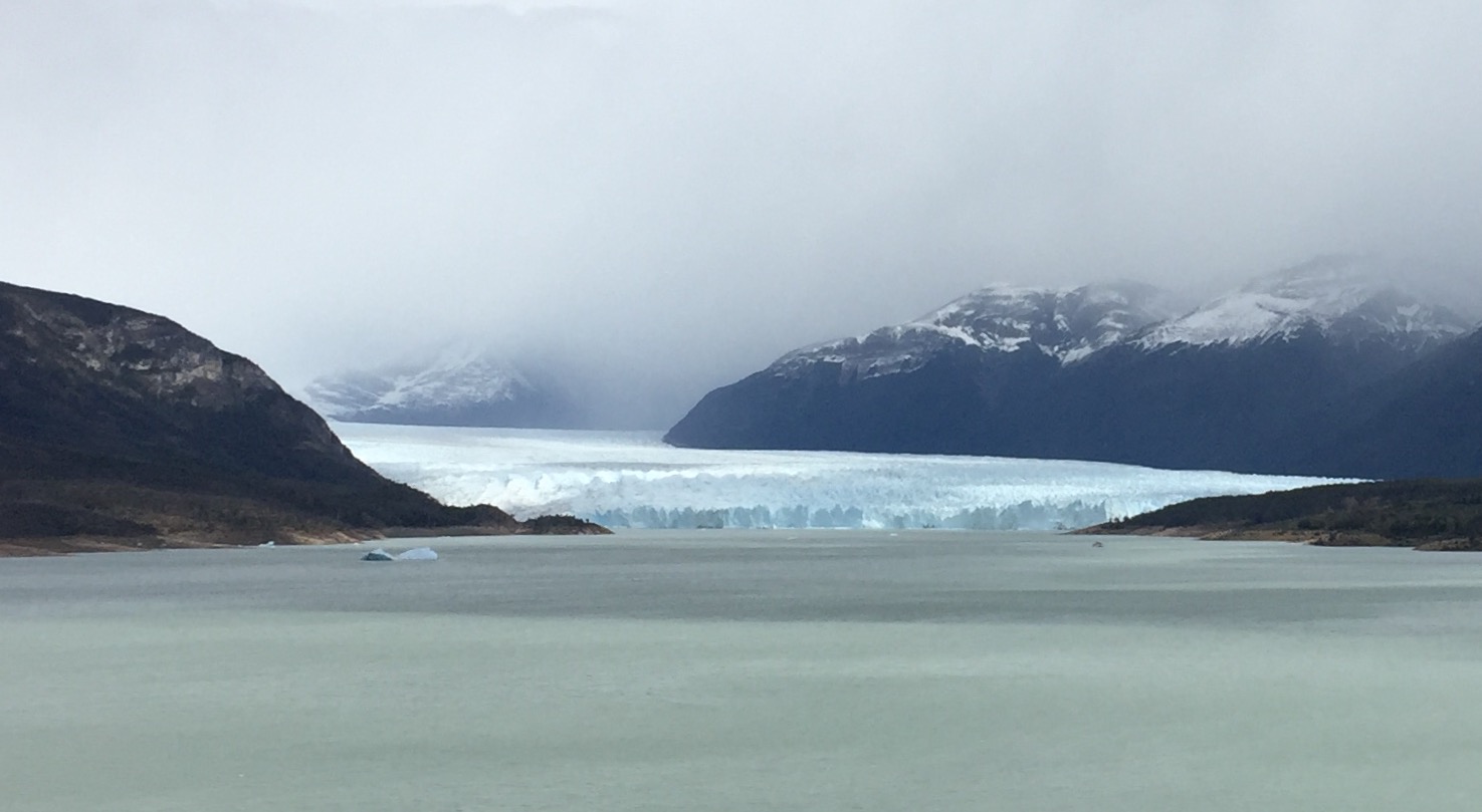 Approaching the Perito Moreno Glacier. Its front is 5 kilometers long, and it rises 60 meters (the height of a 20 story building) above the water.