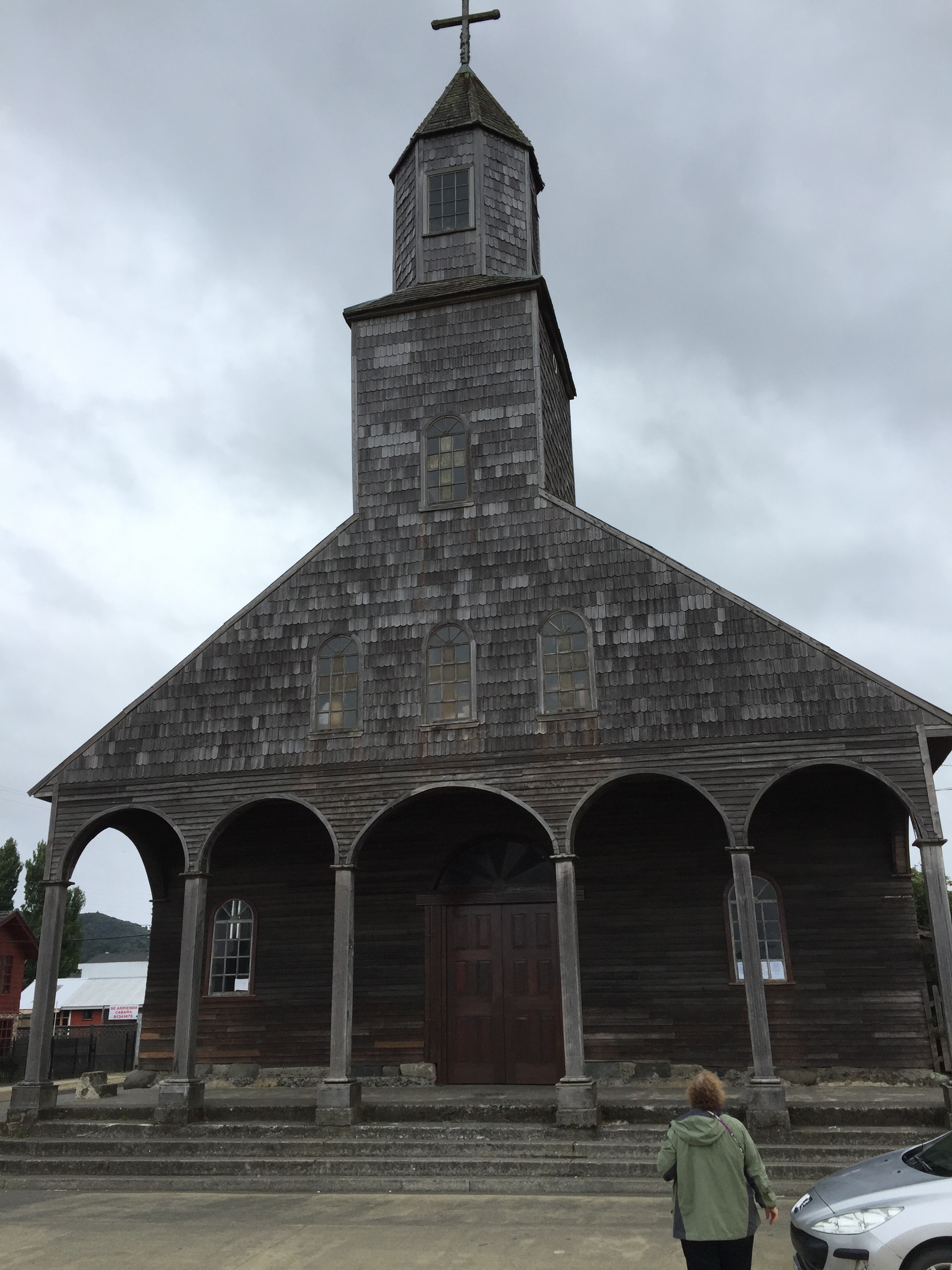 An historic wooden church in Achao, Chiloe Island in Chile. The church was constructed by carpenters who were previously shipbuilders.