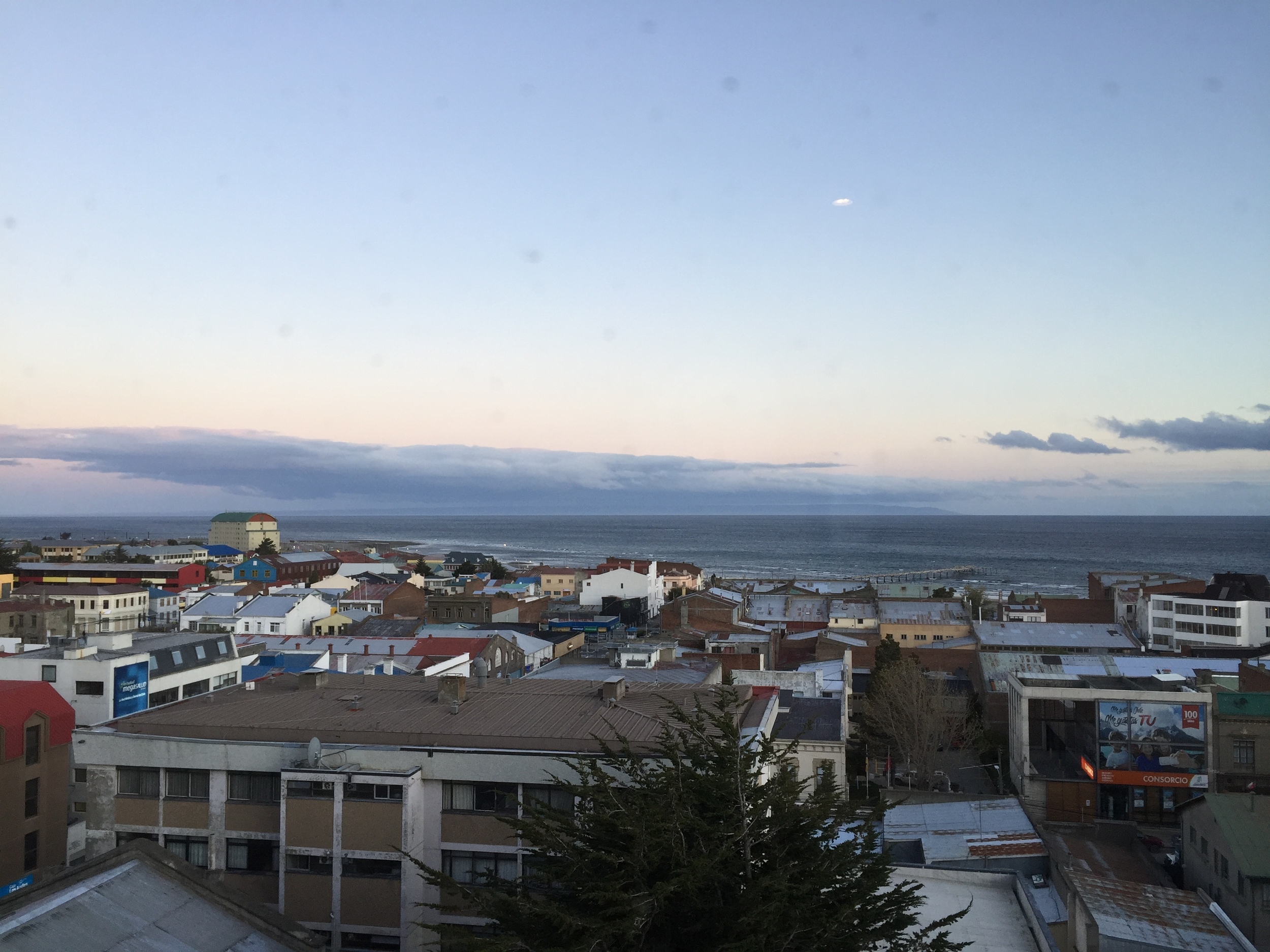 View from my hotel window in Punta Arenas, looking out at the Straits of Magellan, Chile, Patagonia.