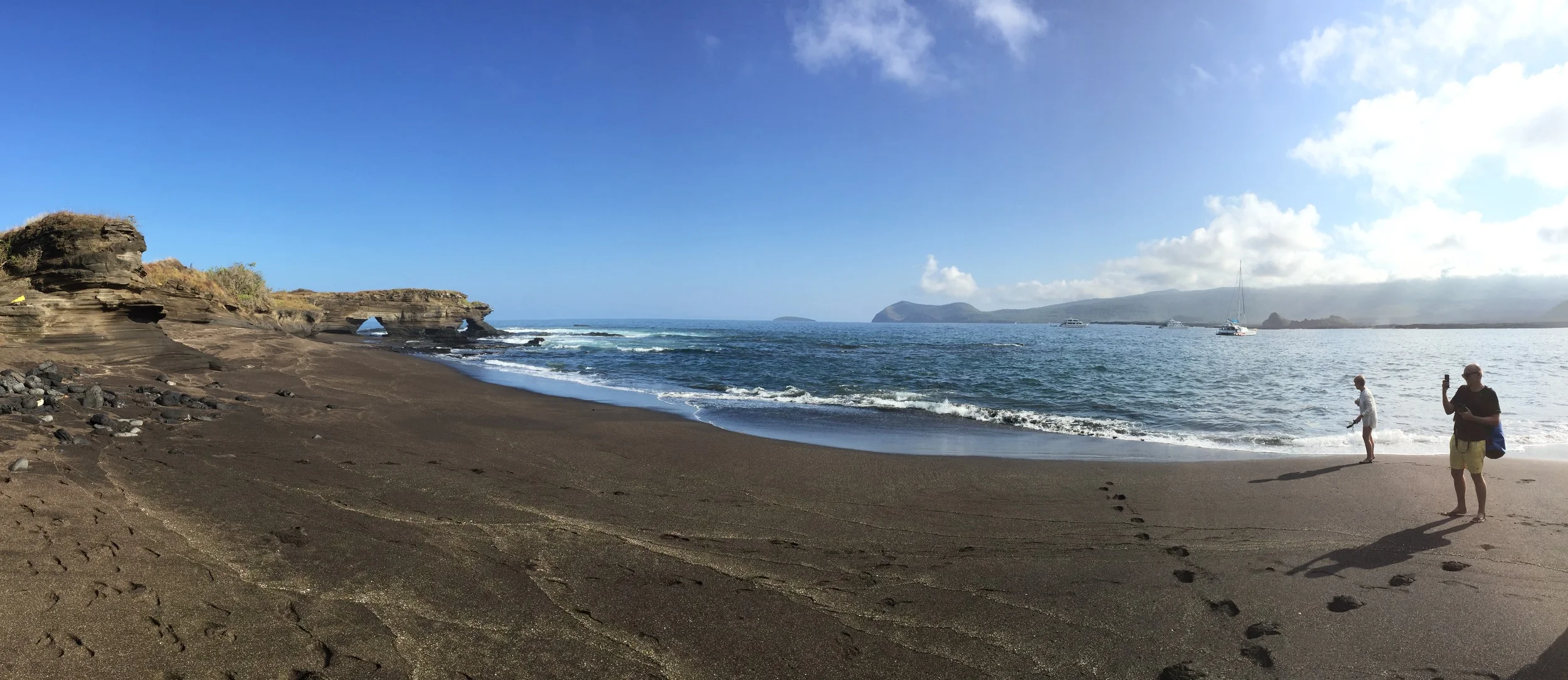 On a black sand beach on Isla Santiago, a wildlife wonderland with surreal lava formations.