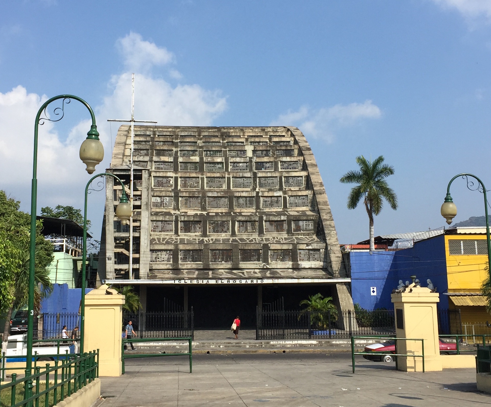 The unassuming, rather drab concrete exterior of La Iglesia Romero in downtown San Salvador belies its brilliant interior (see below).