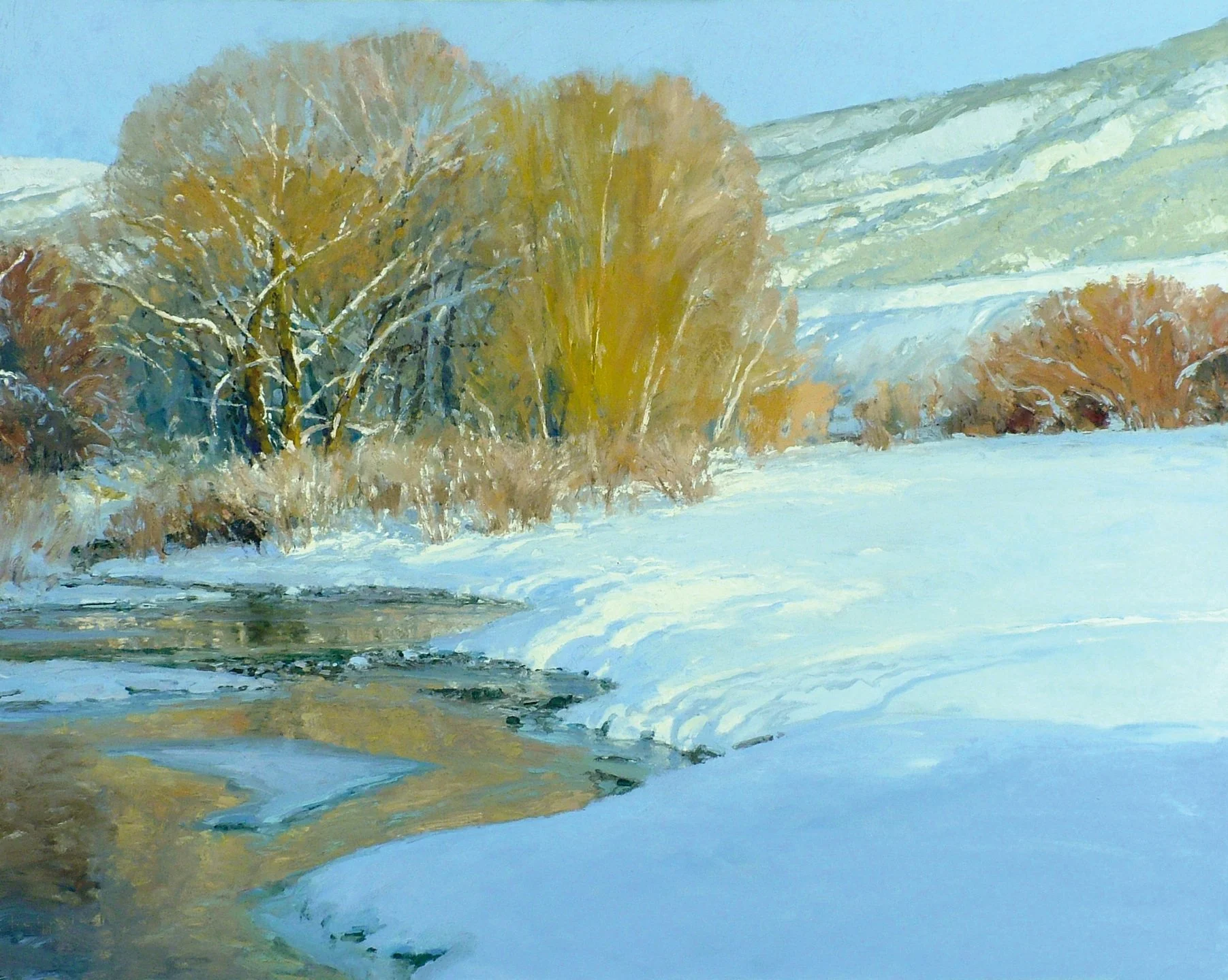 Len Chmiel oil painting Winter landscape with snow-covered cottonwood trees and a winding river