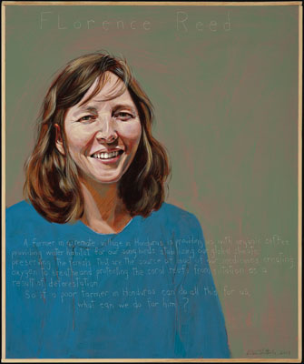 Americans Who Tell The Truth portrait series by Robert Shetterly, Artist "A farmer in a remote village in Honduras is providing us with organic coffee, providing winter habitat for our song birds, stabilizing our global climate, preserving the forests that are the source of most of our medicines, creating oxygen to breathe and protecting the coral reefs from siltation as a result of deforestation. So if a poor farmer in Honduras can do all this for us, what can we do for him?" - Florence Reed, Founder + Director of Strategic Growth