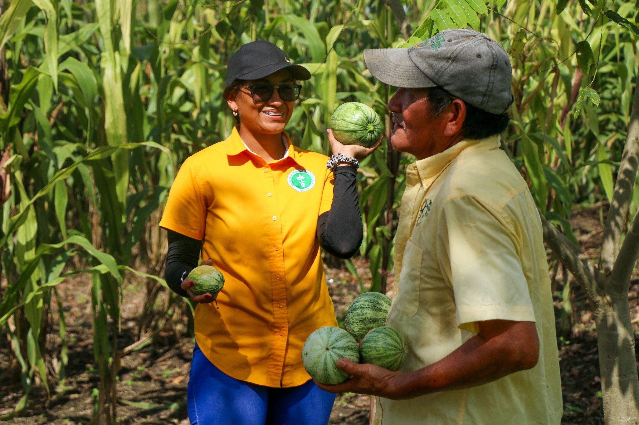 SHI-Belize field trainer Damaris De La Rosa and Felipe Marin discuss the diversity of crops Felipe now grows.