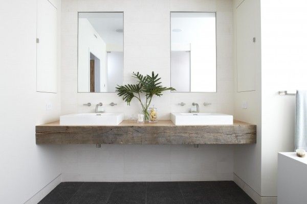 Reclaimed wood + white sinks