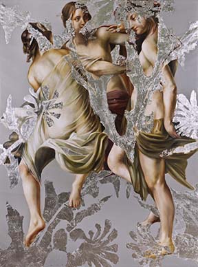 The breezes at dawn have secrets to tell. Oil and silver metal leaf on linen, 90" x 66", 2015.