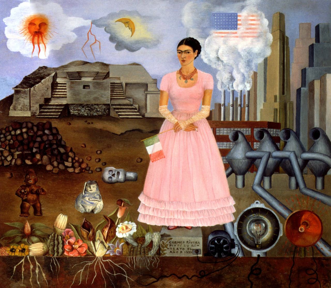 Self-portrait on the Borderline Between Mexico and the United States, 1932, Oil on metal, 12 1/2" x 13 3/4", Collection of Mr. and Mrs. Manuel Reyero. Source: http://www.pbs.org