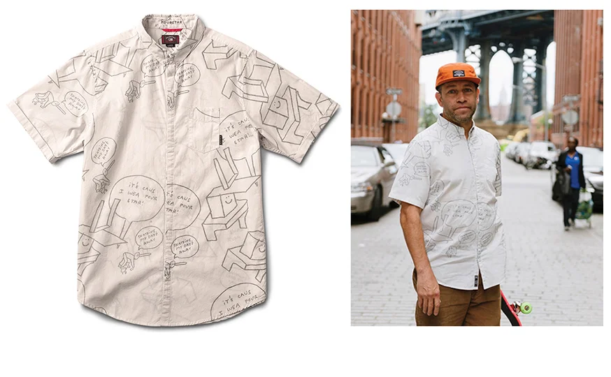  FOURSTAR® GONZ S/S -&nbsp;Mark Gonzales signature collection. Reverse print poplin with abbreviated collar, cuffed sleeves&nbsp;and hidden placket. (shown in Ecru) [o] Ben Colen 