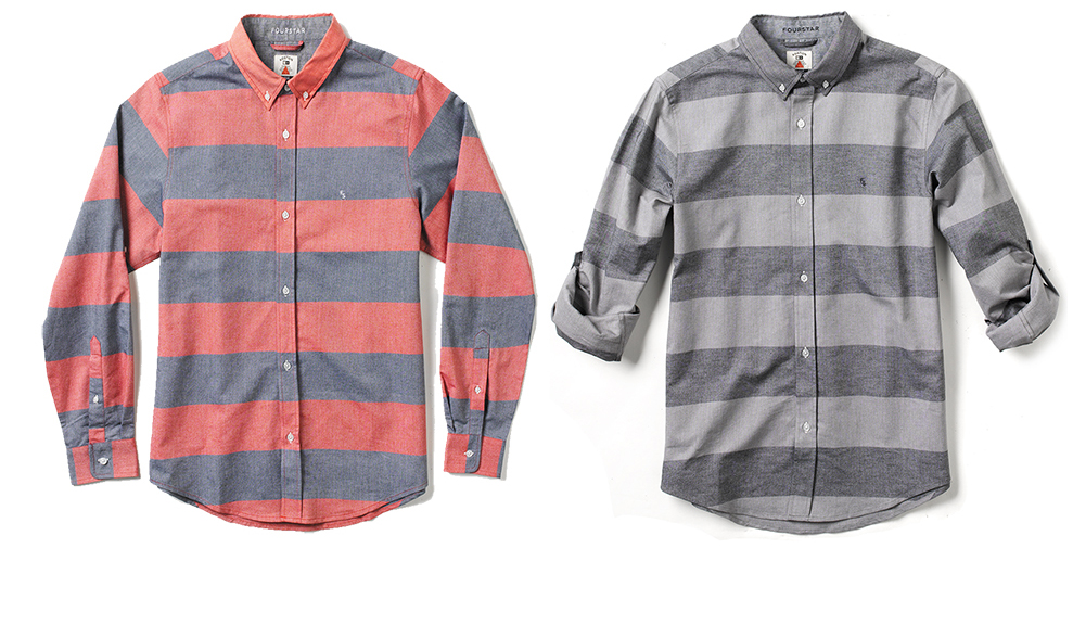  FOURSTAR® KOSTON OXFORD L/S -&nbsp;Eric Koston signature collection. Cotton oxford with yarn-dye stripe. Roll-up sleeves and monogram embroideries. (shown in Cardinal &amp; Charcoal) 