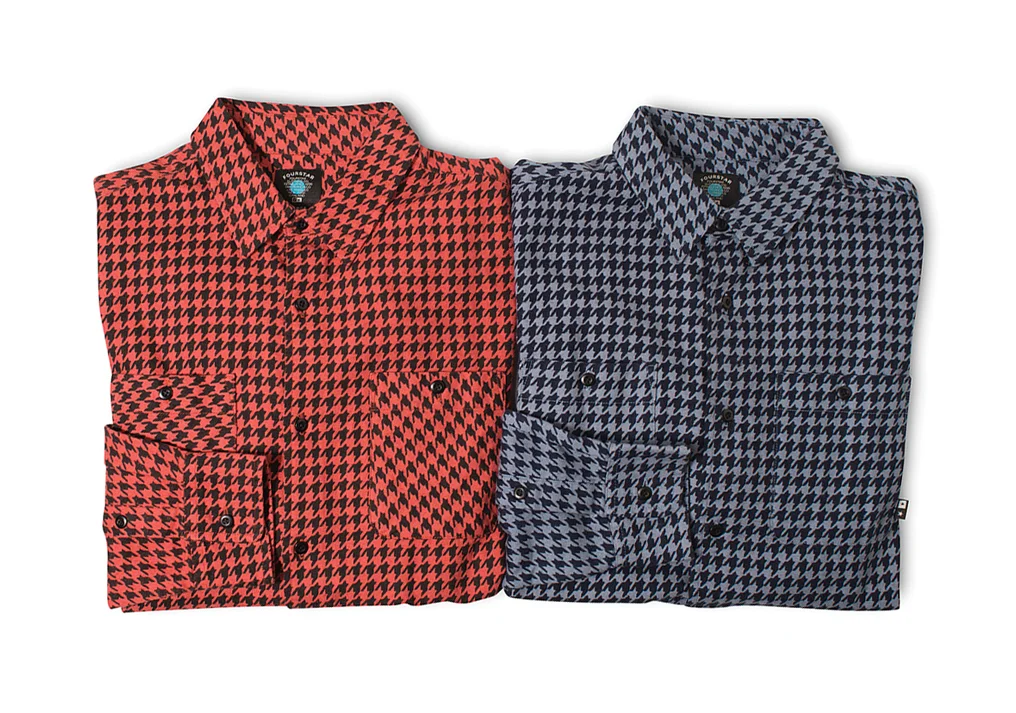  FOURSTAR® HOUNDSTOOTH FLANNEL - Brushed cotton twill flannel with custom houndstooth print. Bias print double pockets. (Shown in Washed Red and Indigo) 
