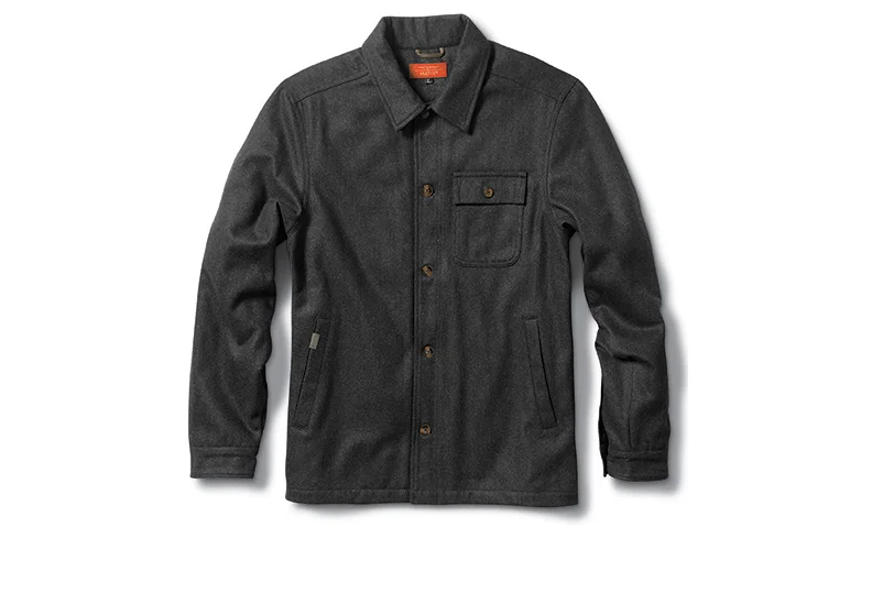  MATIX® WOOLTON JACKET -&nbsp;Marc Johnson signature collection. Melton wool utility&nbsp;coat with tortoise buttons and leather locker loop. (shown in Charcoal Heather) 