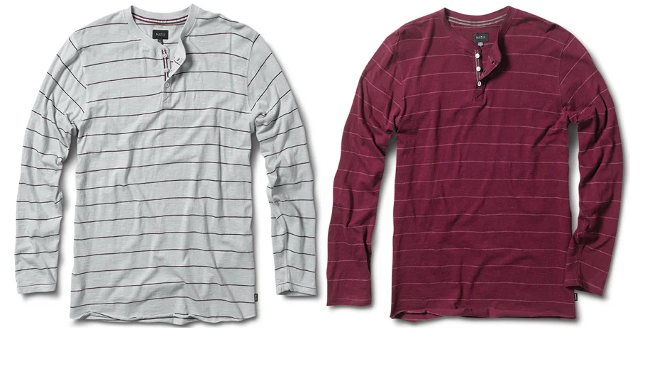  MATIX® ORDNANCE HENLEY - Slub jersey with yarn-dye stripe. Reverse side of fabric is faced out. Grosgrain placket and neck tape. Overlock and coverstitch details throughout. (shown in Ice Grey and Burgundy) 