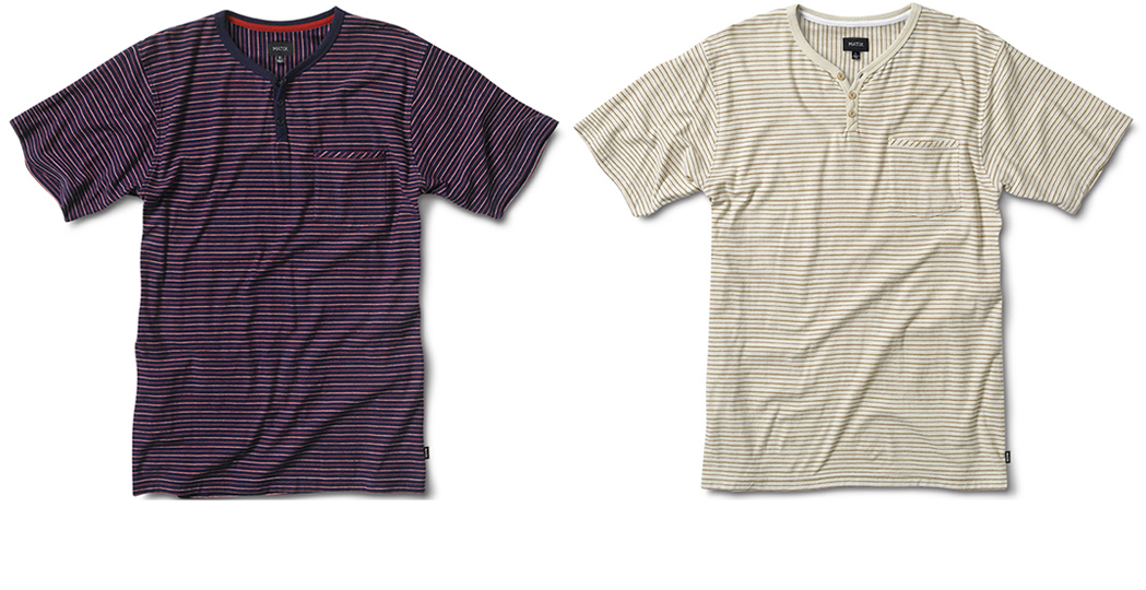  MATIX® FENSTER Y-NECK&nbsp;- Cotton jersey with yarn-dye stripe. Reverse side of fabric is faced out. Y-neck henley collar. Bias binding at pocket. Contrast&nbsp;neck tape. (shown in Navy and Pale Khaki)&nbsp; 