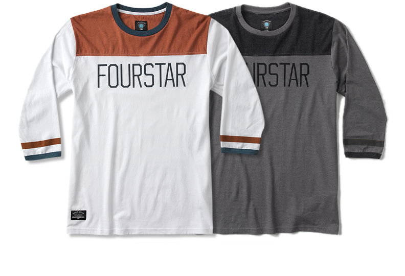  FOURSTAR® LEAGUE FOOTBALL - Heathered cotton jersey 3/4 sleeve with contrast shoulder, chest print, sleeve stripe and rib cuff binding. (shown in White and Gunmetal Heather) 