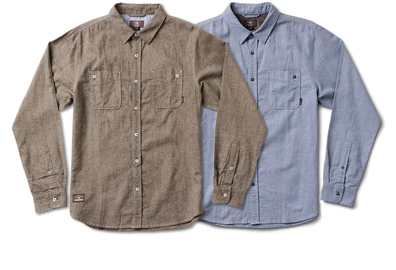  FOURSTAR® LOXFORD L/S - Cotton chambray work shirt with asymmetrical pockets and contrast interior yoke. (shown in Brown and Light Indigo) 