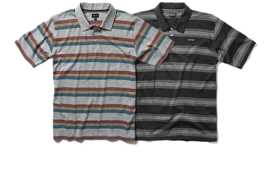  MATIX® STURGEON POLO - Lightweight cotton jersey with custom yarn-dye stripe. Jersey collar, contrast neck tape and chest embroidery. (Shown in Grey Heather and Black) 