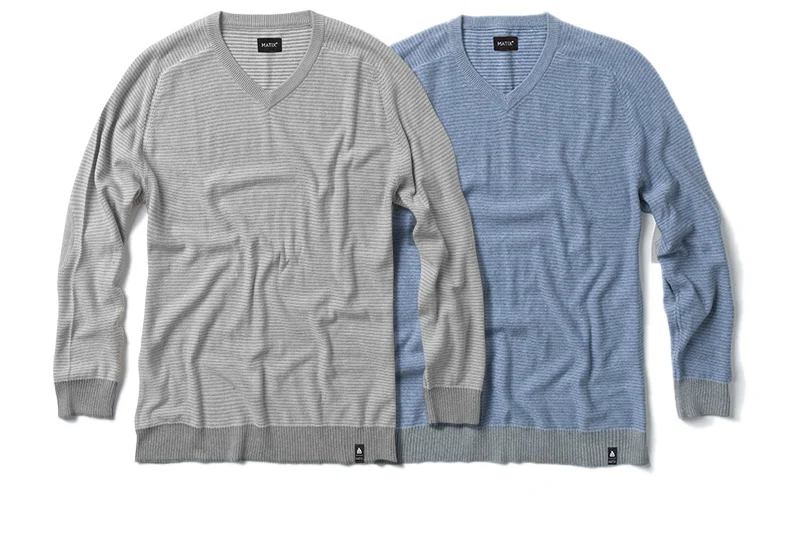  MATIX® VANCIL SWEATER - Acrylic micro-stripe&nbsp;sweater knit V-neck with contrast rib. Clamp label at hem. (shown in Grey and Blue) 