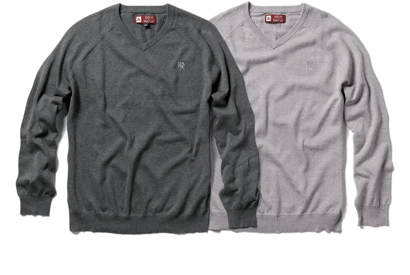  MATIX® DAEWON SWEATER - Daewon Song Signature Collection. Heathered cotton sweater knit V-neck with chest embroidery. (Shown in Charcoal Heather and Dusty Purple Heather) 
