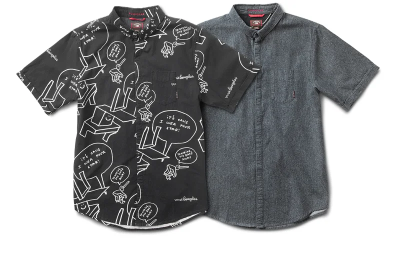 FOURSTAR® GONZ S/S -&nbsp;Mark Gonzales signature collection. Flood-print poplin with abbreviated collar, cuffed sleeves&nbsp;and hidden placket. (shown in Black and Indigo Chambray) 