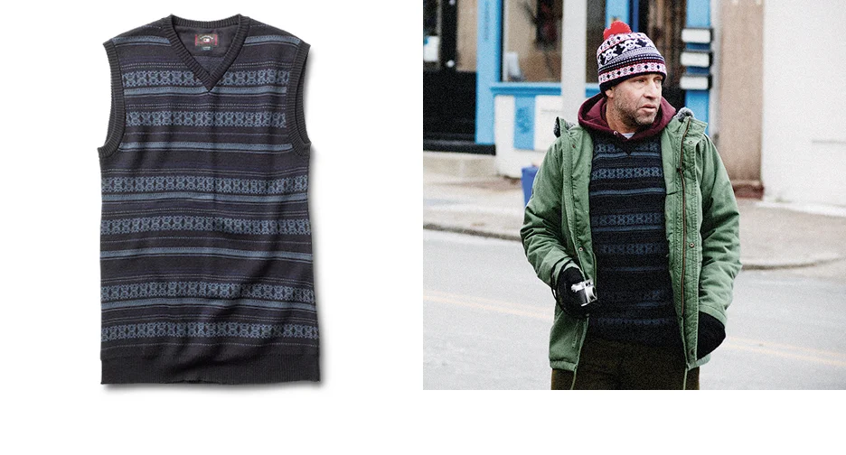  FOURSTAR® GONZ VEST - Mark Gonzales Signature Collection.&nbsp;Wool-blend sweater vest with custom fair isle pattern. (shown in Midnight) [o] Ben Colen 