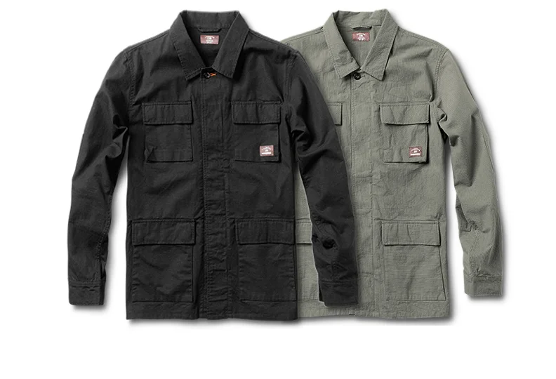  FOURSTAR® ALGIERS JACKET -&nbsp;&nbsp;U pdated M-51 silhouette with military pocket scheme, reinforced elbows and two-layer front placket. Olive colorway is hickory stripe with overdye. Black colorway is cotton ripstop with rinse wash.     