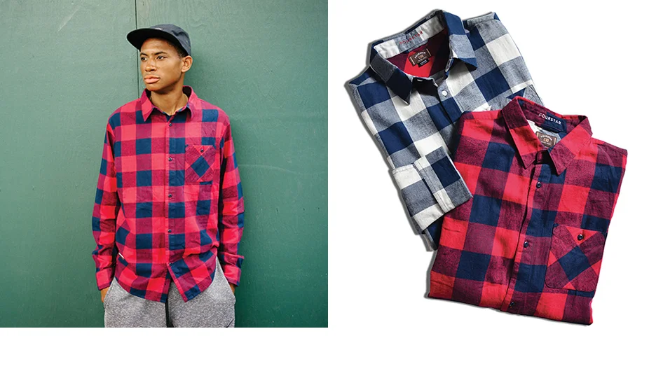  FOURSTAR® ISHOD BUFFALO FLANNEL -&nbsp;Ishod Wair signature collection. Cotton twill buffalo flannel with contrast interior yoke and bias pocket. (shown in Navy &amp;&nbsp;Cardinal) [o] Ben Colen&nbsp; 