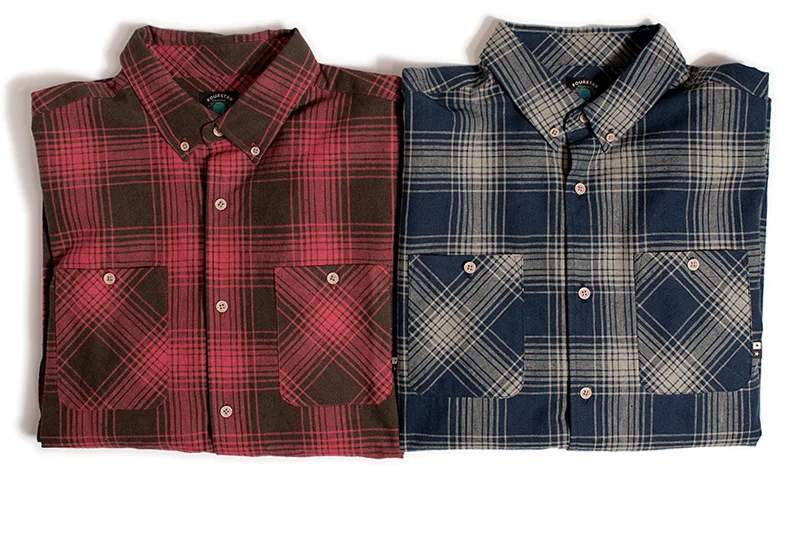  FOURSTAR® MARSHFIELD L/S - Semi-brushed canvas with crinkle wash. Custom ombre plaid, button-down collars and bias pockets. (shown in Washed Red and Navy) 